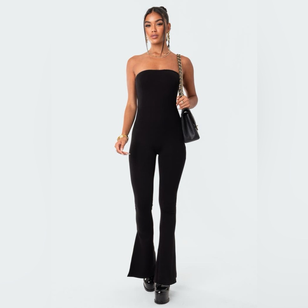 EDIKTED Melina Side Slit Strapless Flare Jumpsuit Black